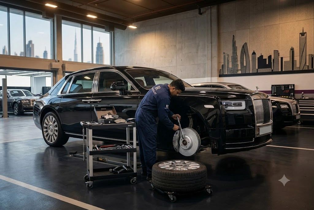 Rolls Royce brake pad replacement being carried out by independent specialists in Dubai