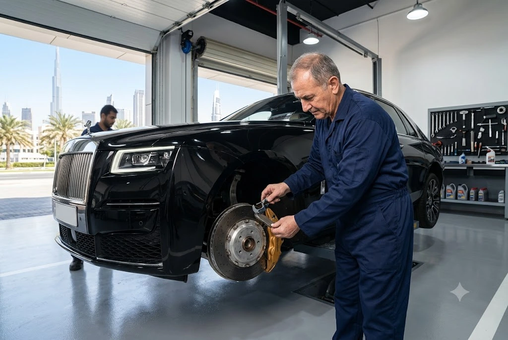 Rolls Royce brake repair in Dubai by independent Rolls Royce specialists inspecting a front brake disc and caliper