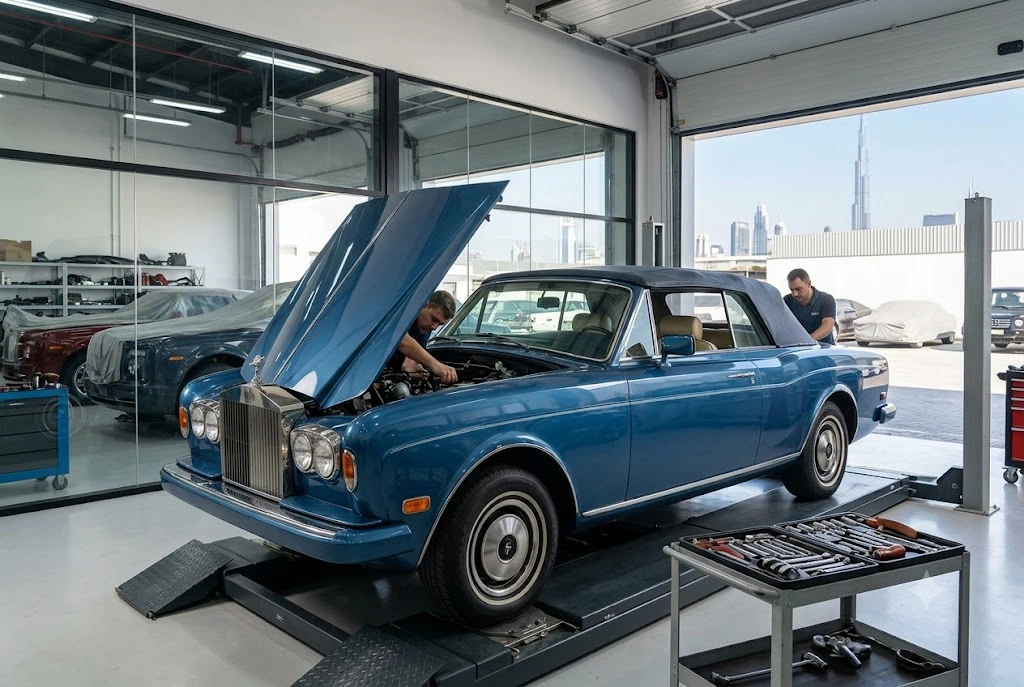 Classic Rolls Royce Corniche convertible undergoing expert repair and service at an independent specialist garage in Dubai