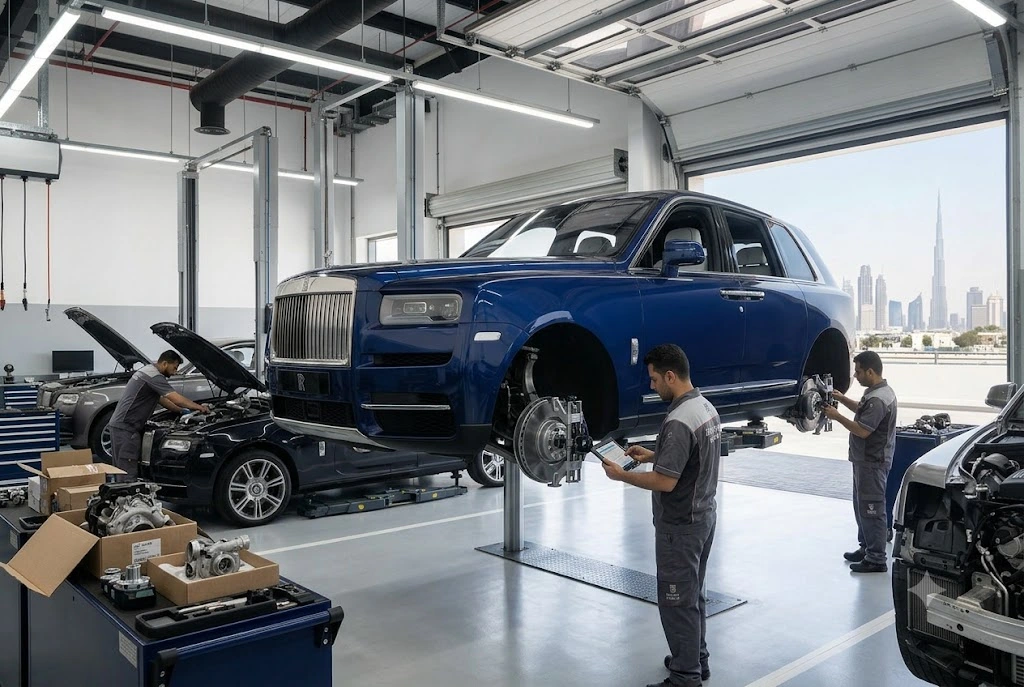 Rolls Royce Cullinan SUV being serviced by an independent Rolls Royce repair specialist in a Dubai workshop