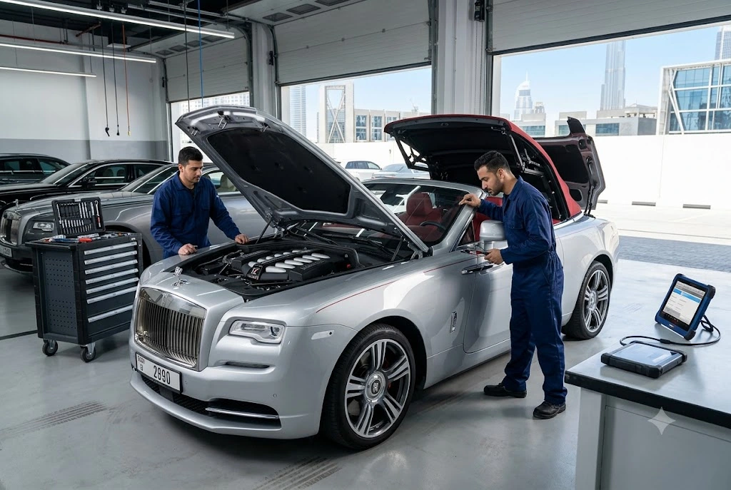 Rolls Royce Dawn convertible being serviced by independent Rolls Royce repair specialists in Dubai