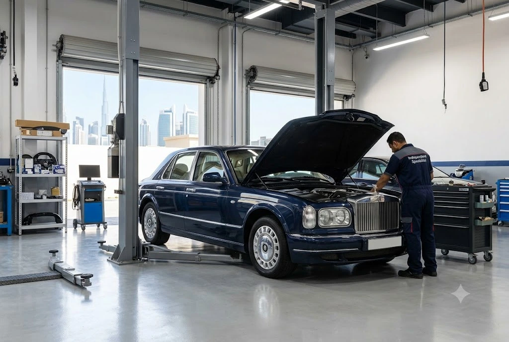Rolls Royce Silver Seraph being serviced by independent repair specialists in Dubai