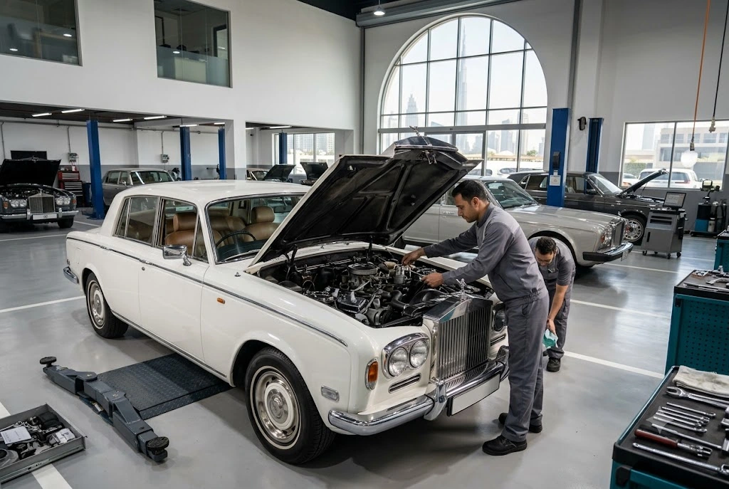 Classic Rolls Royce Silver Shadow being serviced by an independent specialist mechanic in Dubai