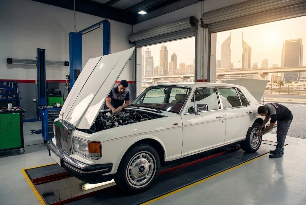 Classic Rolls Royce Silver Spirit being repaired and serviced by an independent specialist mechanic in Dubai