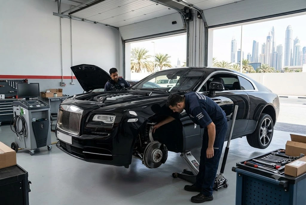 Rolls Royce Wraith coupe being repaired and serviced by independent Wraith mechanics in Dubai