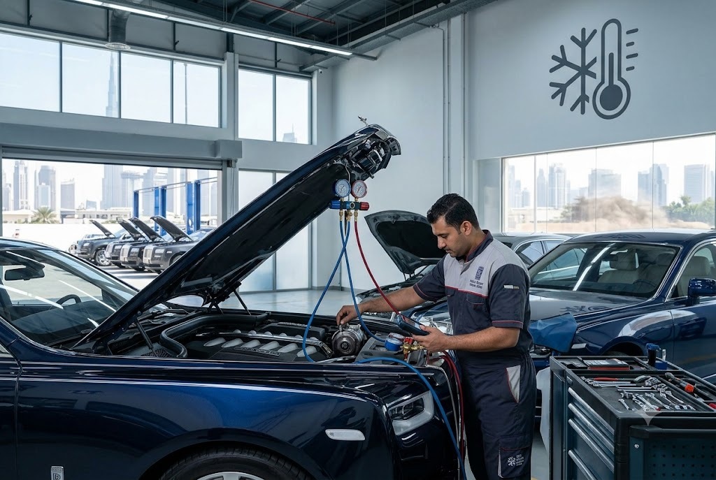Rolls Royce AC and climate control repair Dubai — independent specialist servicing the air conditioning system of a luxury Rolls Royce
