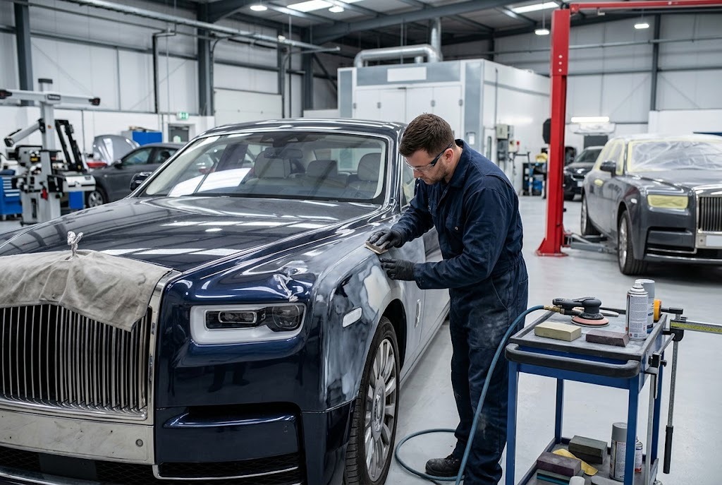 Rolls Royce accident and collision repair in Dubai — bodywork technician restoring a damaged Rolls Royce panel to pre-accident condition