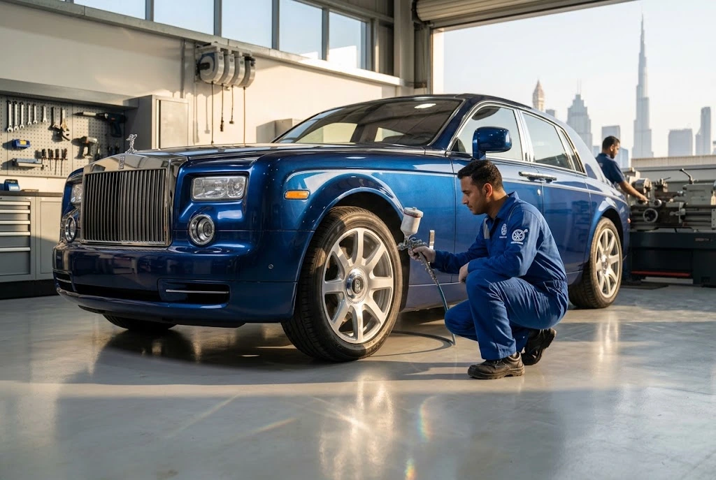 Freshly refinished Rolls Royce alloy wheel after professional repair and painting in Dubai