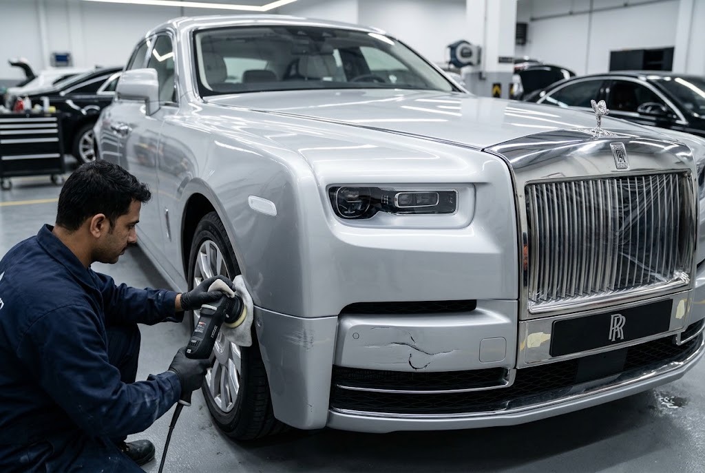 Rolls Royce bumper repair Dubai specialist refinishing a front bumper on a luxury Rolls Royce