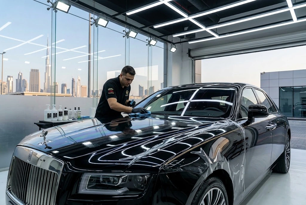 Glossy black Rolls Royce with fresh ceramic coating and paint protection film in a Dubai detailing workshop