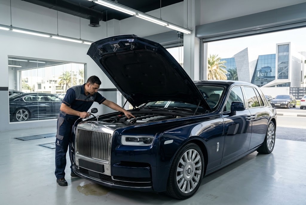 Rolls Royce coolant leak repair in Dubai by independent specialist mechanics inspecting the engine cooling system