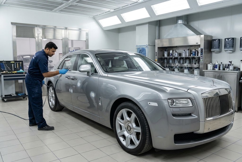 Rolls Royce denting and painting in Dubai with a colour-matched respray on a luxury sedan