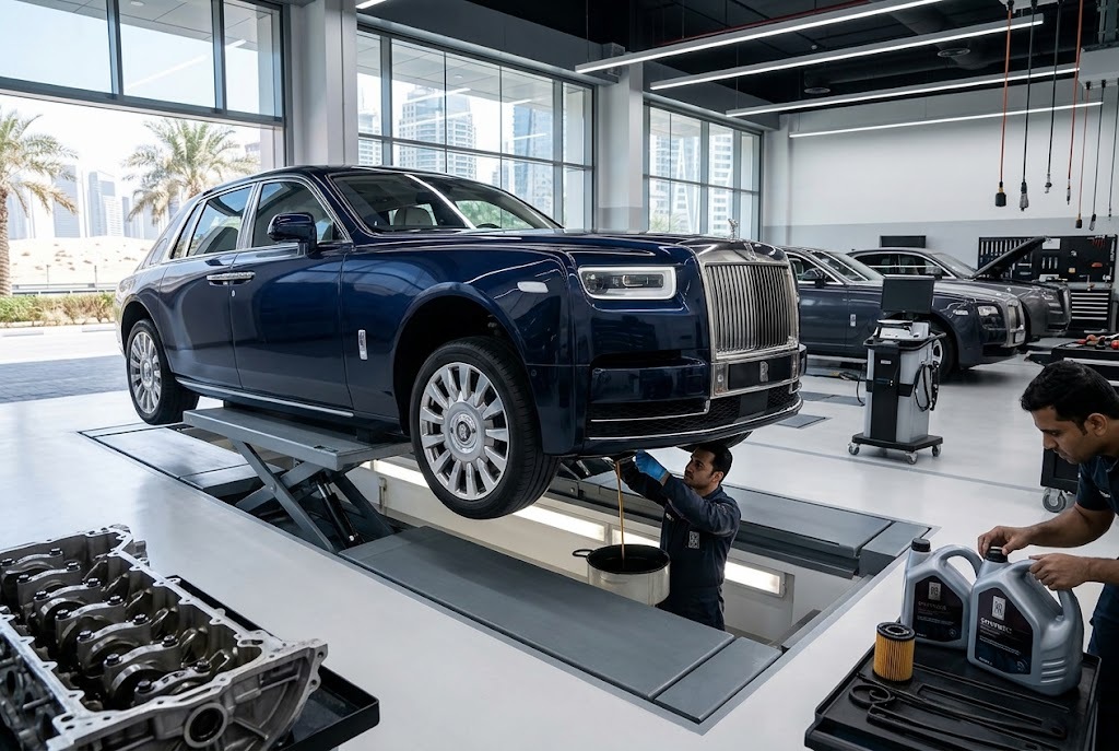 Rolls Royce oil change Dubai by independent specialists, draining and refilling a Rolls Royce V12 engine with correct grade synthetic oil