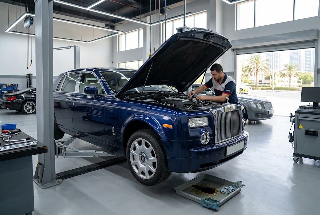 Rolls Royce oil leak repair being carried out by an independent specialist mechanic in a Dubai workshop