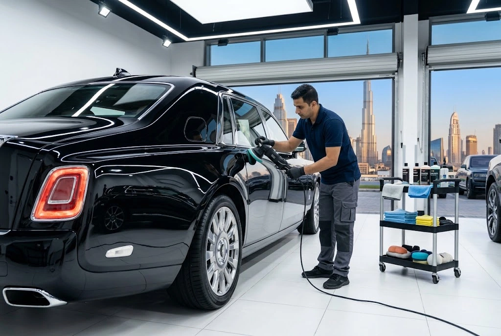 Rolls Royce polishing and detailing in Dubai with a flawless mirror-gloss finish after professional paint correction