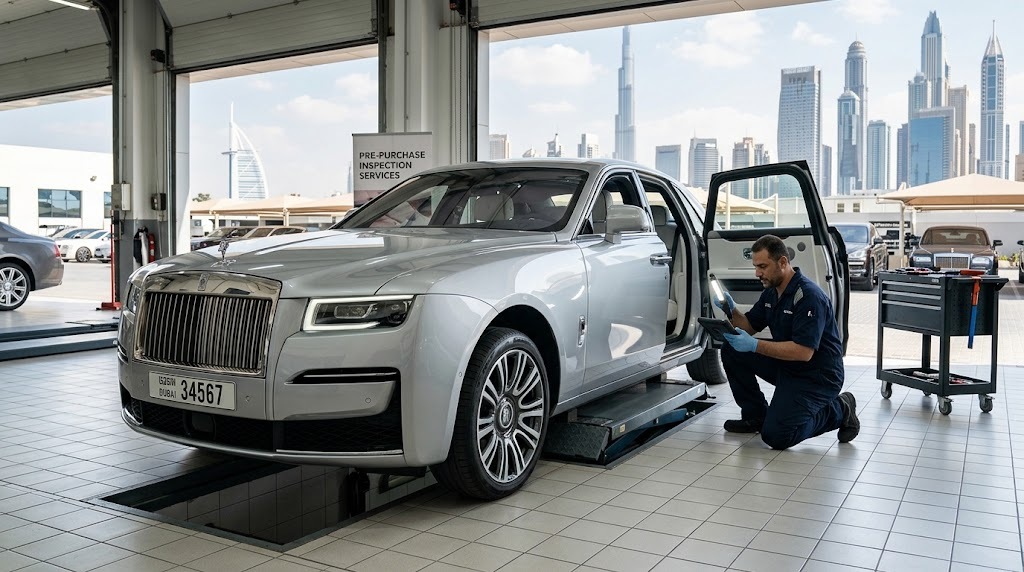 Specialist carrying out a Rolls Royce pre purchase inspection in Dubai before a used car is bought