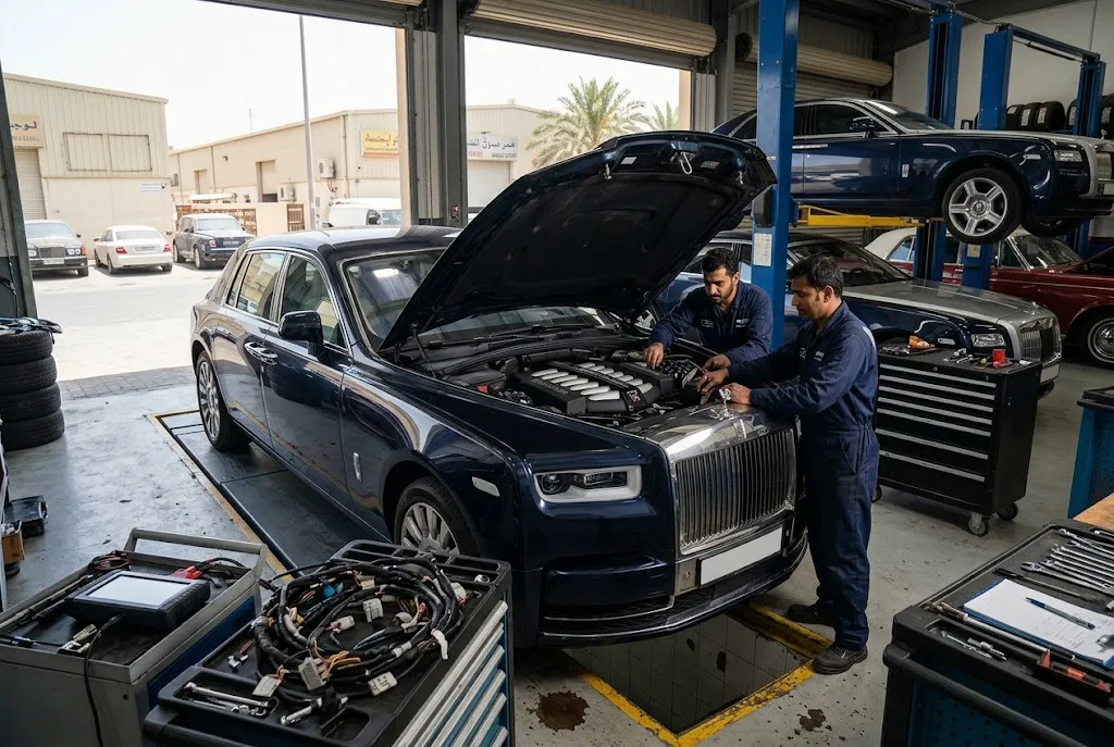 Independent Rolls Royce repair specialist servicing a luxury Rolls Royce for owners in Al Quoz, Dubai