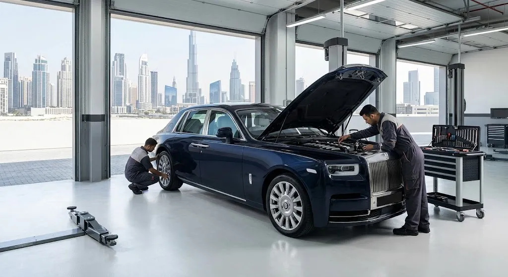 Independent Rolls Royce repair specialist servicing a luxury saloon for Business Bay owners in Dubai