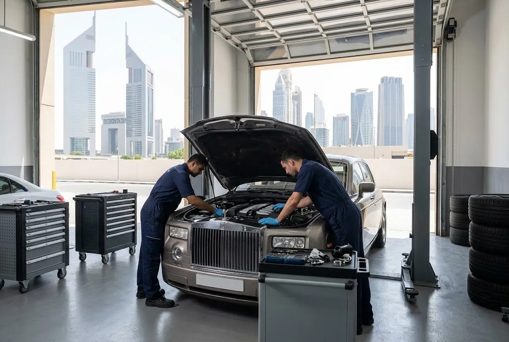 Independent Rolls Royce repair specialist servicing a luxury Rolls Royce for owners in DIFC Dubai