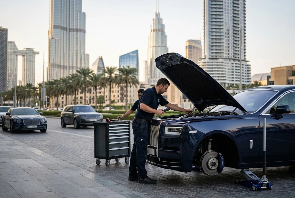Rolls Royce parked outside Downtown Dubai towers near Burj Khalifa being collected by an independent repair specialist