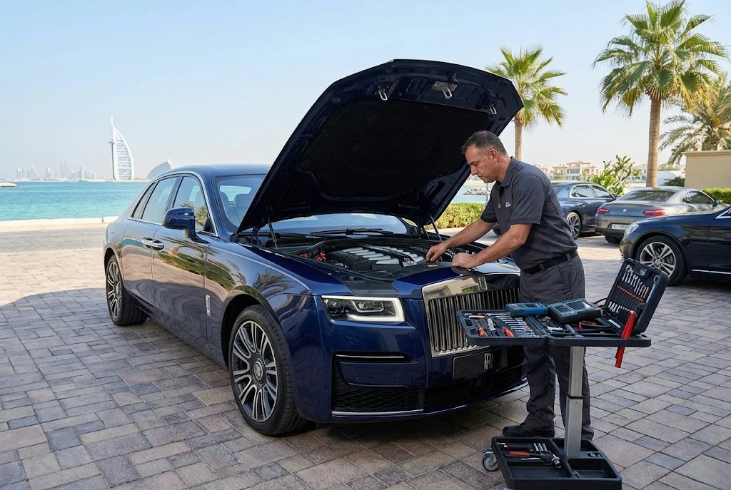 Rolls Royce being serviced by an independent specialist mechanic in Dubai for Palm Jumeirah owners