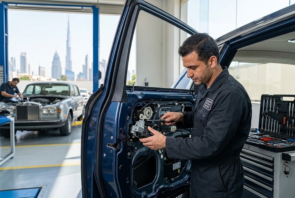 Rolls Royce soft close coach door being repaired by independent specialists in Dubai