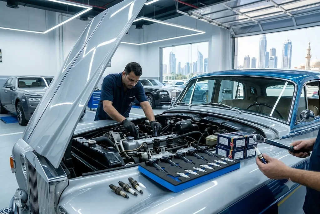 Rolls Royce V12 engine bay during spark plug and ignition coil replacement in Dubai