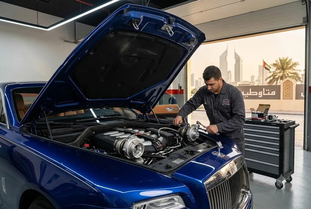 Rolls Royce twin-turbo V12 engine bay during turbocharger repair in Dubai
