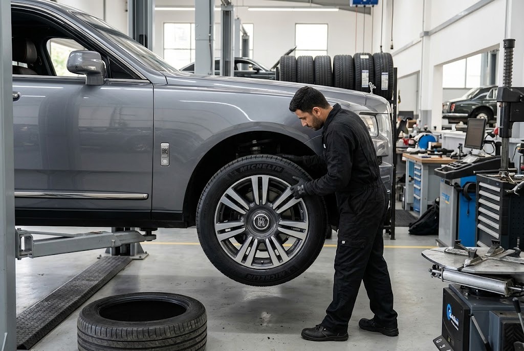 Rolls Royce tyre replacement in Dubai with new run-flat tyre being fitted by independent specialists