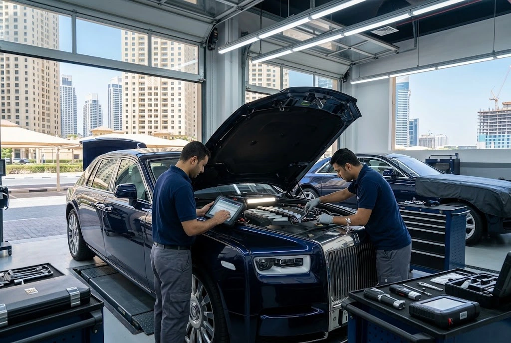 Independent Rolls Royce repair specialist servicing a luxury car for JBR owners in Dubai