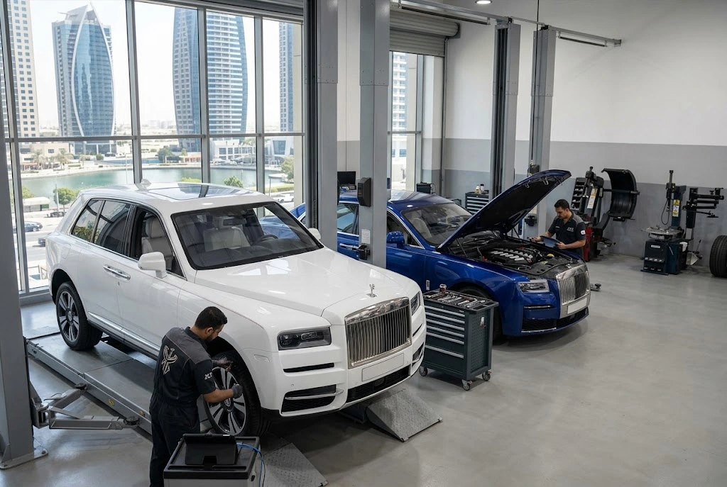 Independent Rolls Royce repair specialist servicing a luxury Rolls Royce for owners in JLT Jumeirah Lakes Towers Dubai