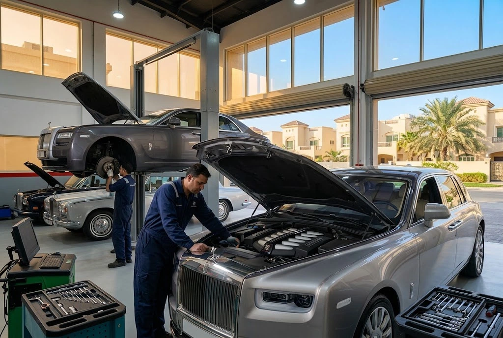 Independent Rolls Royce repair specialist servicing a luxury Rolls Royce for owners in Mirdif, Dubai